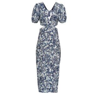 Reiss Jennah Print Printed Puff Sleeve Midi Dress, Navy/White - Size 4